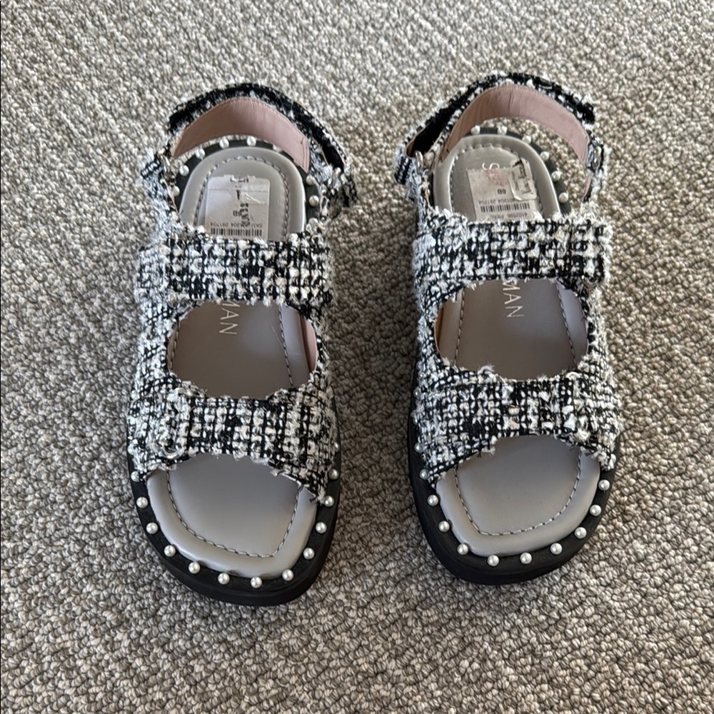 New Stuart Weitzman Tweed Black White Dad Sandals Shoes Pearls 36.5 6.5